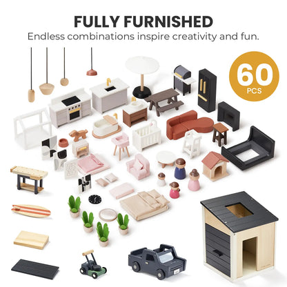 Tiny Land Sweetwood Edge Dollhouse & Garage Bundle – Modern Wooden Dollhouse with Furniture, SUV & Accessories | Ages 3+