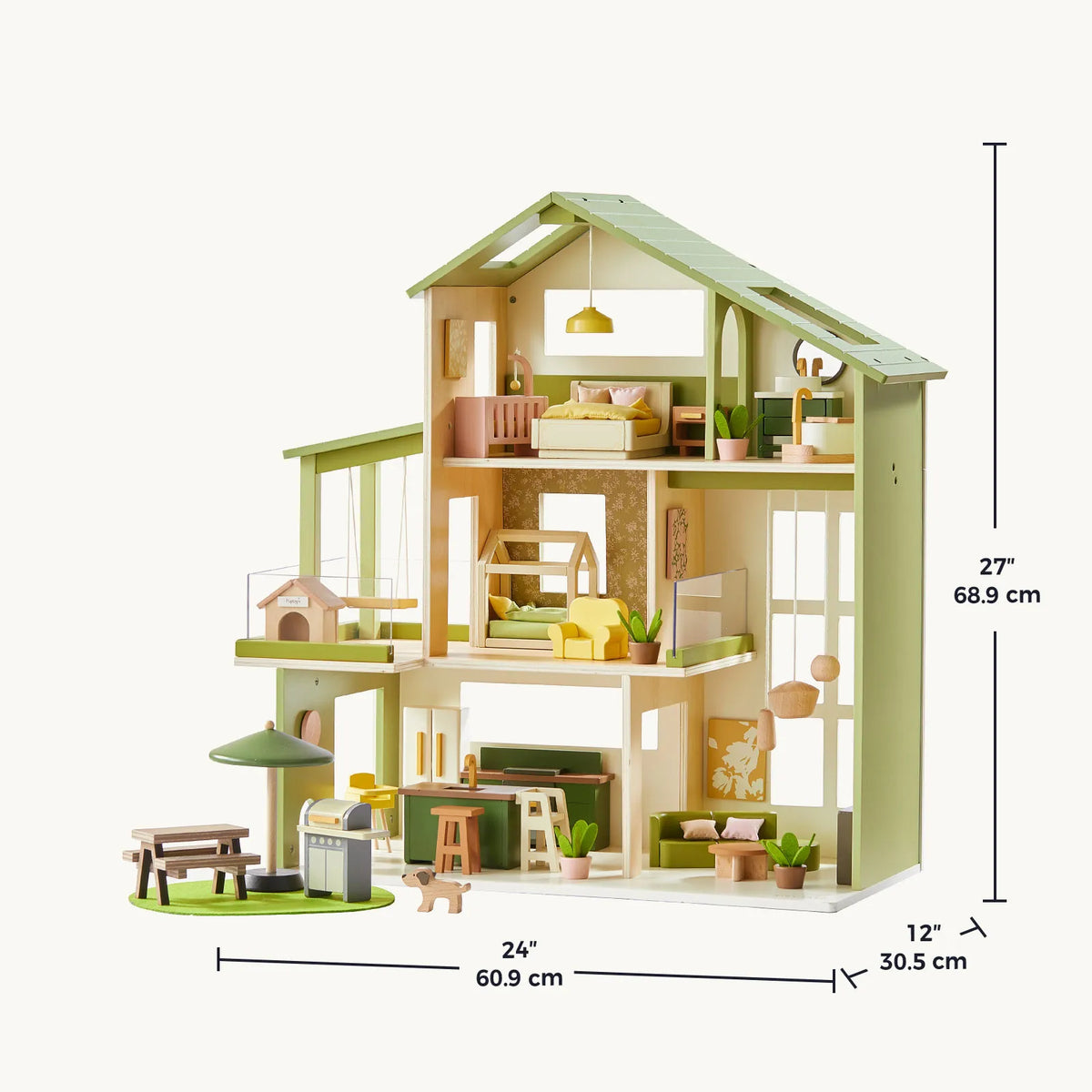 Tiny Land Sweetwood Edge Wooden Dollhouse - 48pc Green & Pink