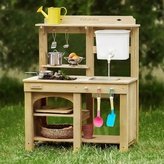 Kids outdoor wooden mud kitchen playset with sink, pots, tools, and hanging utensils