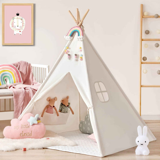 Kids play teepee with floor mat, white canvas, rainbow arch and hanging toys