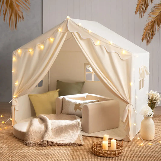Cream kids play tent with arched roof, window panels, and closable front door opening