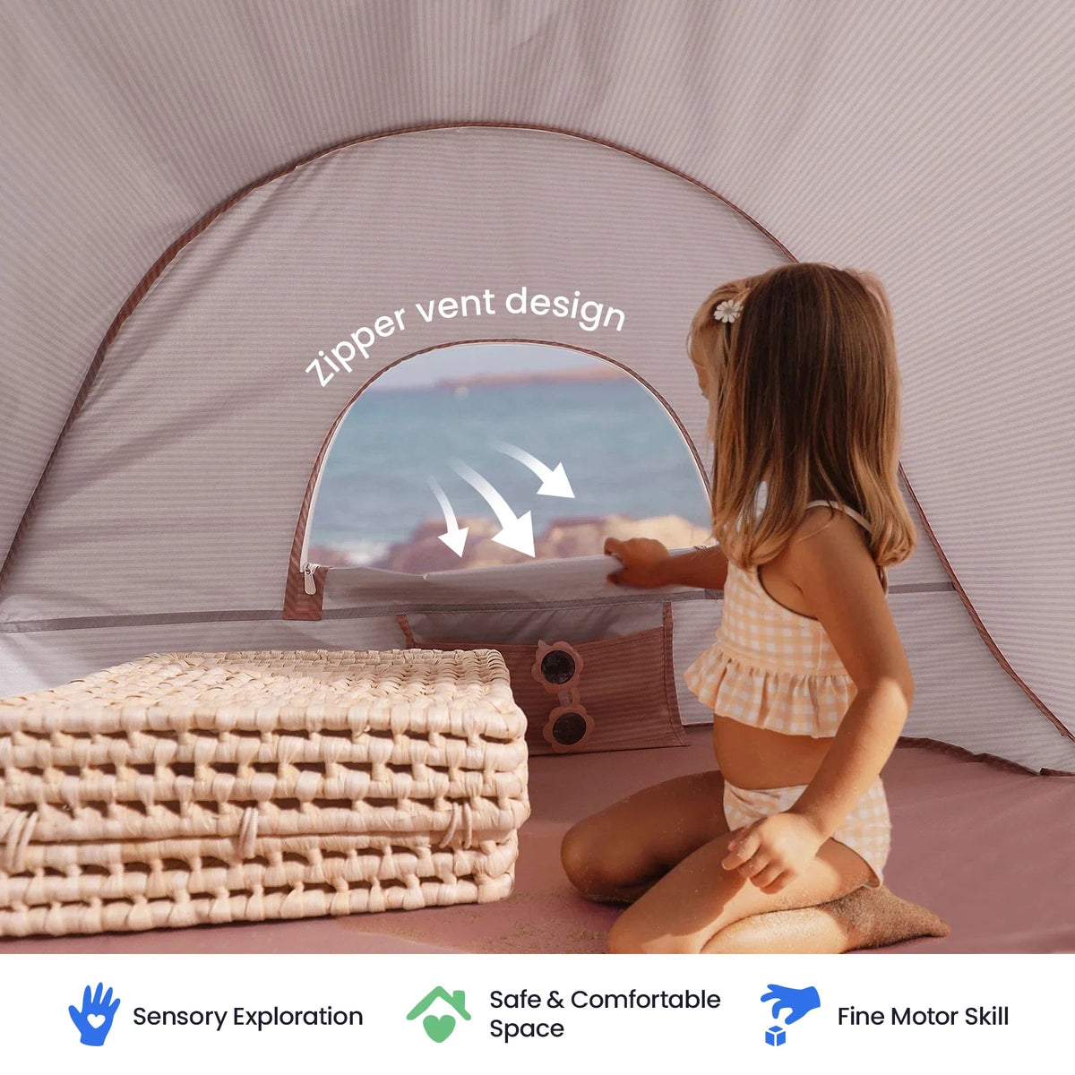 Tiny Land Kids Beach Tent Set with Sand Toys, UV Protection and Sandbag Anchors