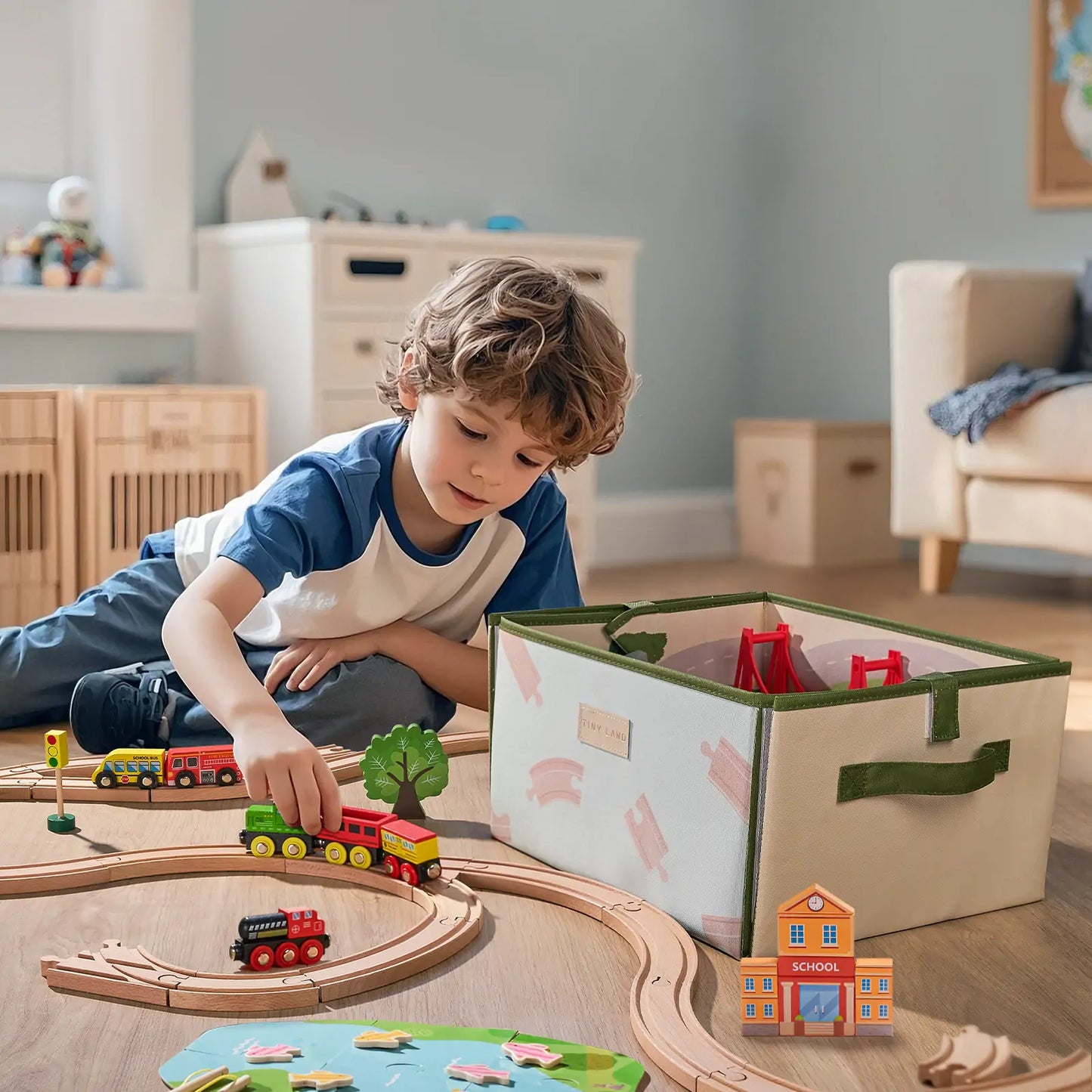 Tiny Land® 110-Piece Wooden Train Set with Folding Storage Box & City Play Mat – Ages 3-7