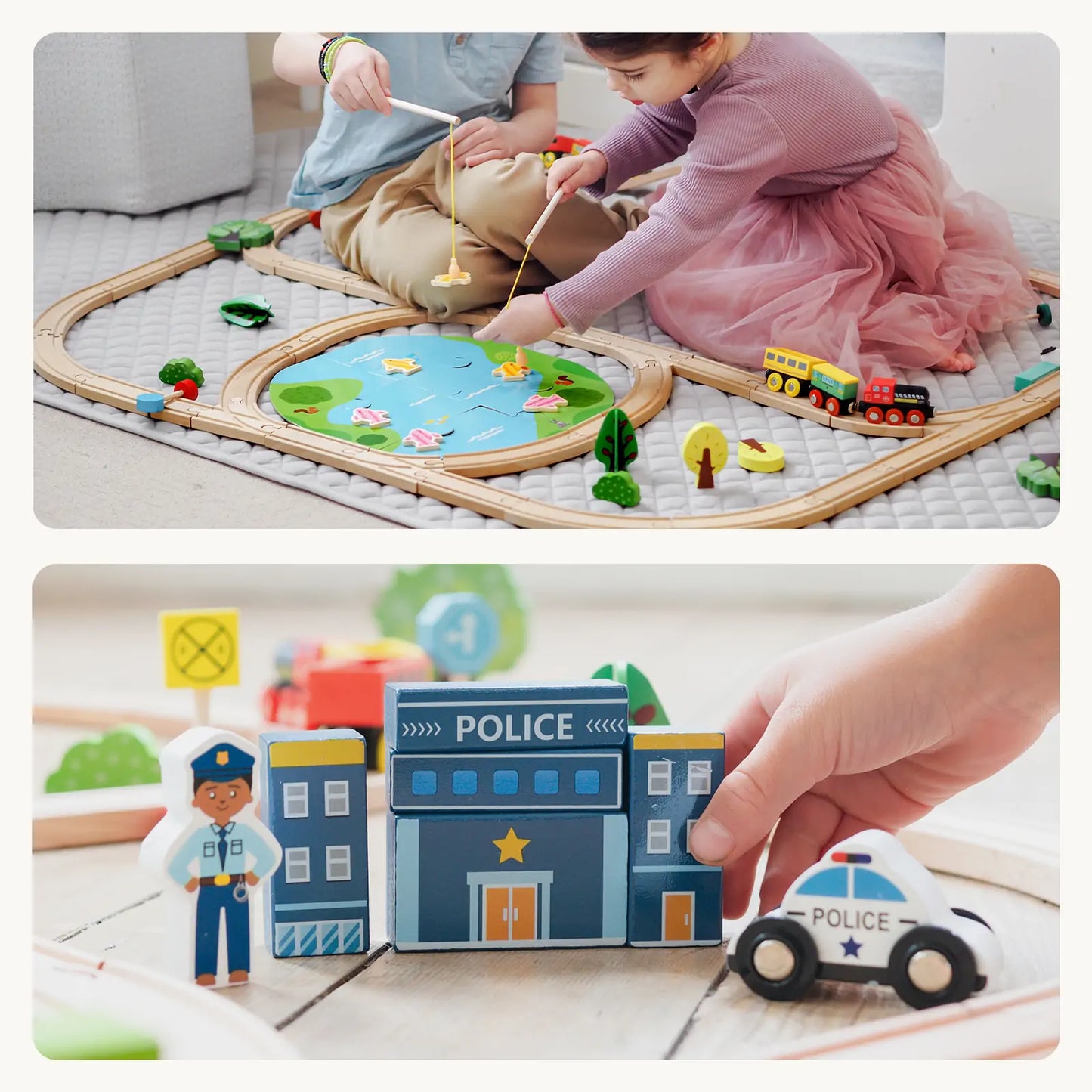 Tiny Land® 110-Piece Wooden Train Set with Folding Storage Box & City Play Mat – Ages 3-7