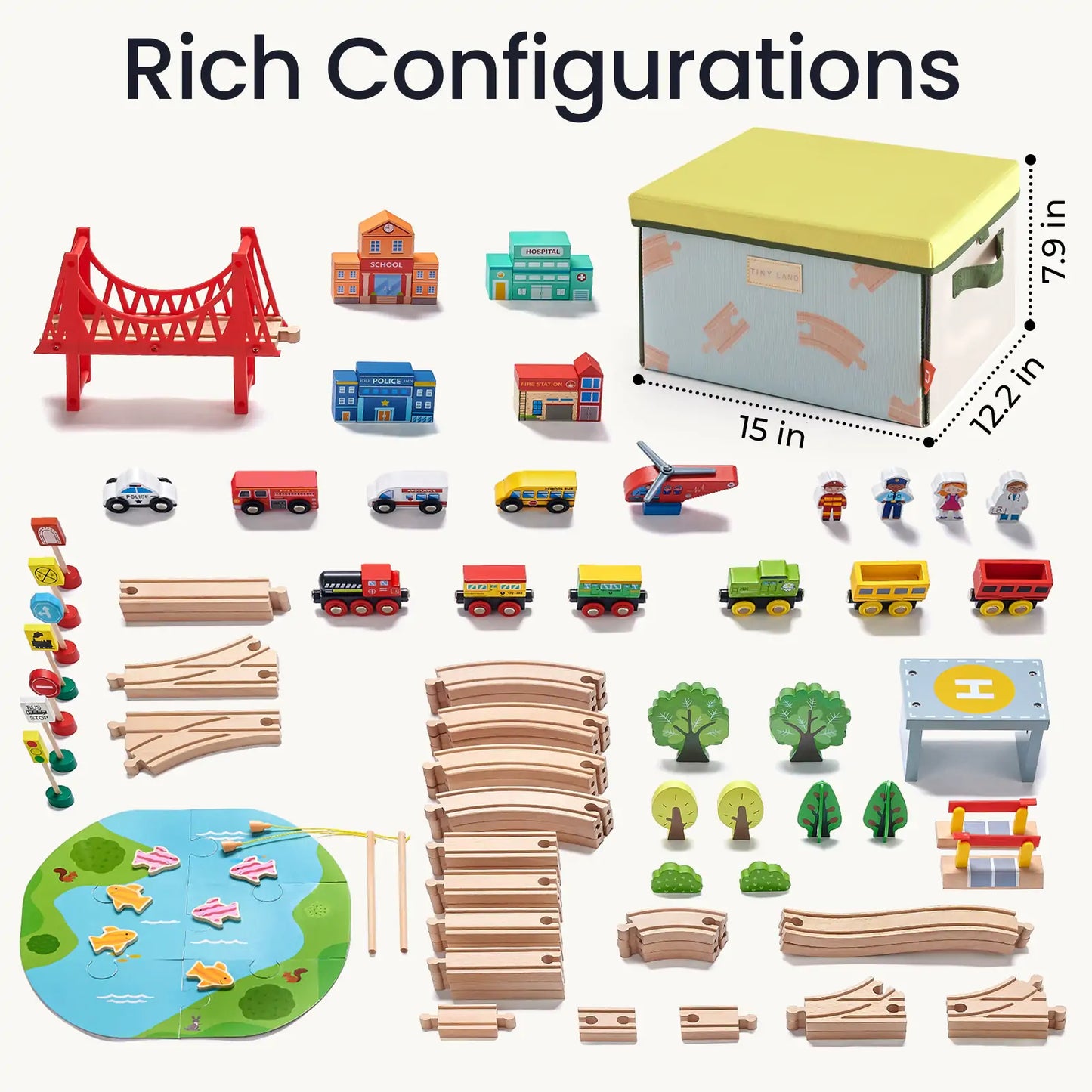 Tiny Land® 110-Piece Wooden Train Set with Folding Storage Box & City Play Mat – Ages 3-7