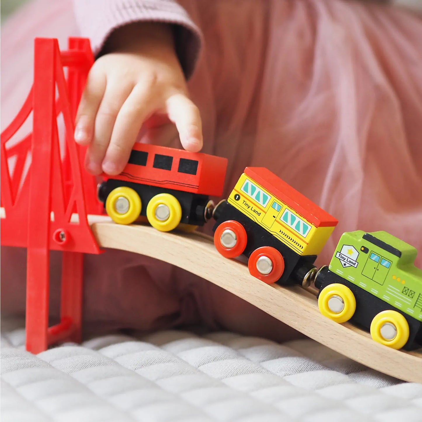 Tiny Land® 110-Piece Wooden Train Set with Folding Storage Box & City Play Mat – Ages 3-7