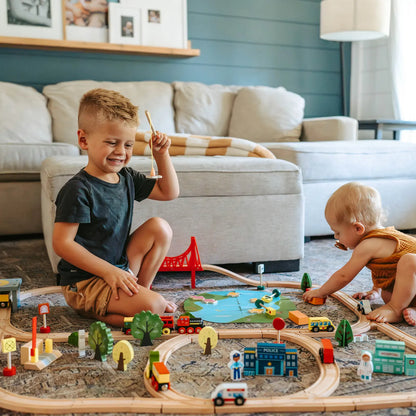 Tiny Land® 110-Piece Wooden Train Set with Folding Storage Box & City Play Mat – Ages 3-7