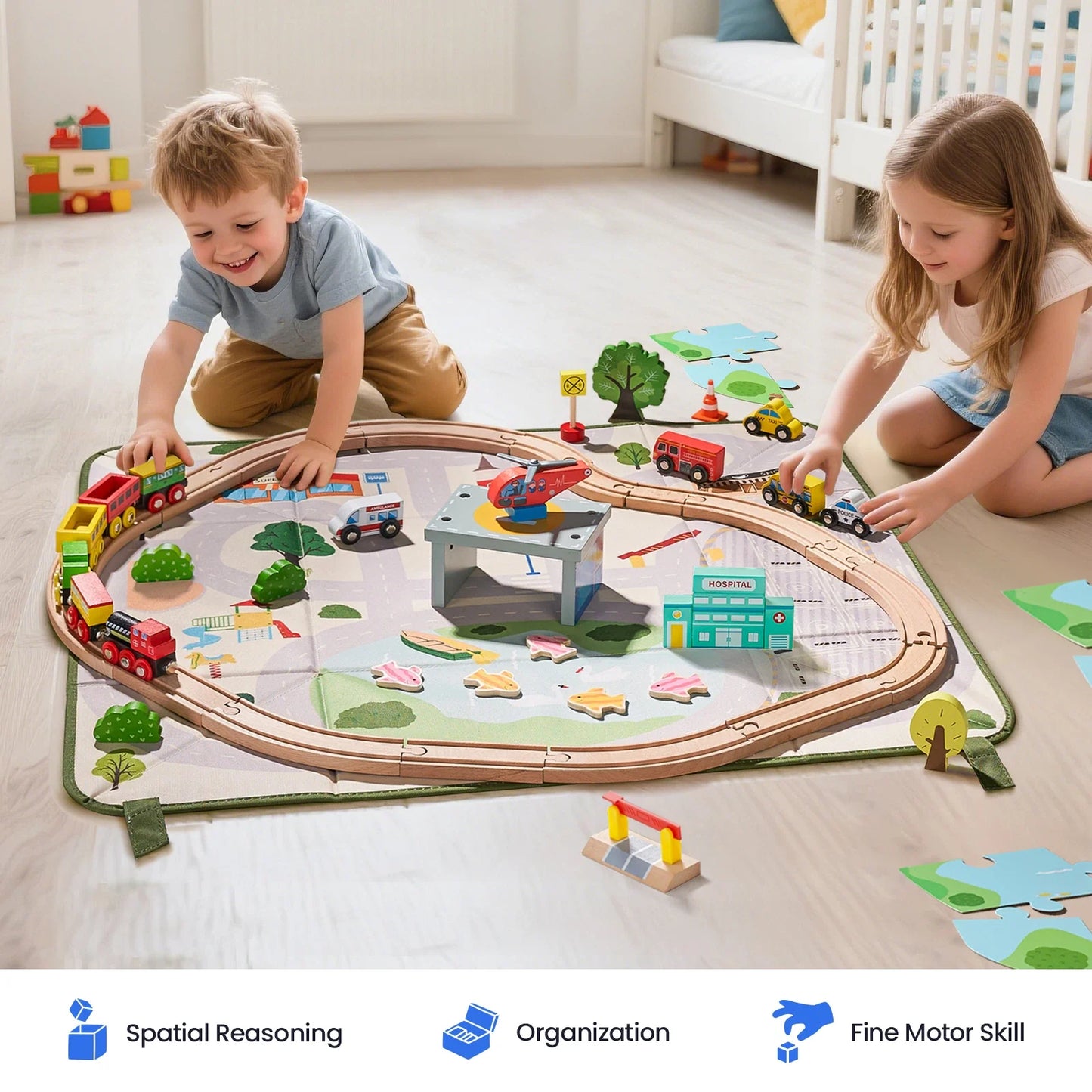 Tiny Land® 110-Piece Wooden Train Set with Folding Storage Box & City Play Mat – Ages 3-7