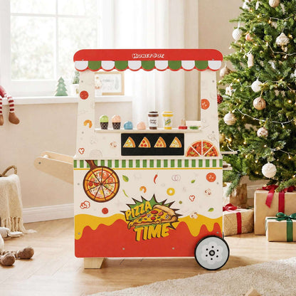 Pink wooden pizza pretend play cart with open shelves and wheeled base near tree