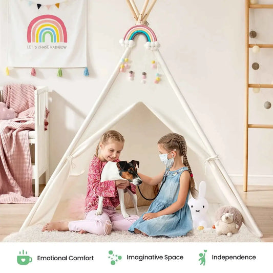 Kids teepee play tent with floor mat, white canvas, open doorway and rainbow mobile