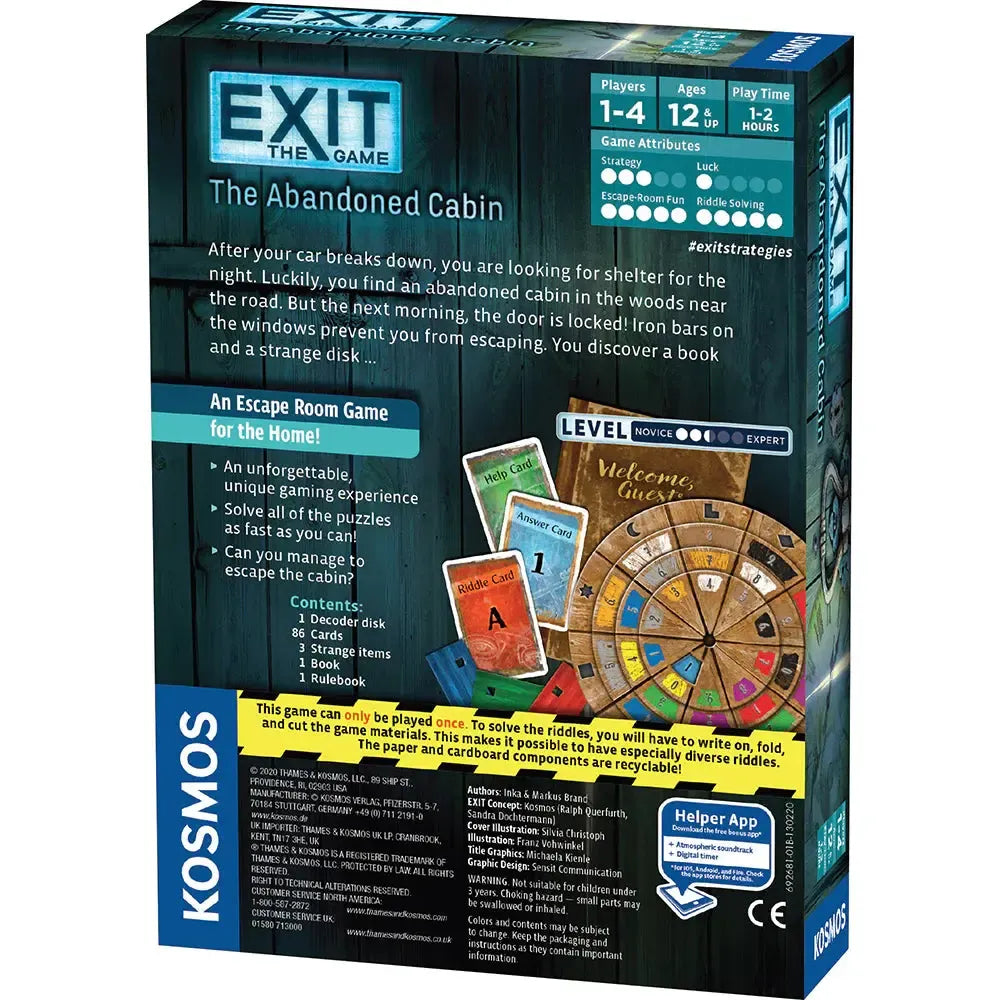 The Abandoned Cabin | EXIT Escape Room Game | Kosmos | Ages 12+ | 1–4 Players | 1–2 Hours - Niksstuff