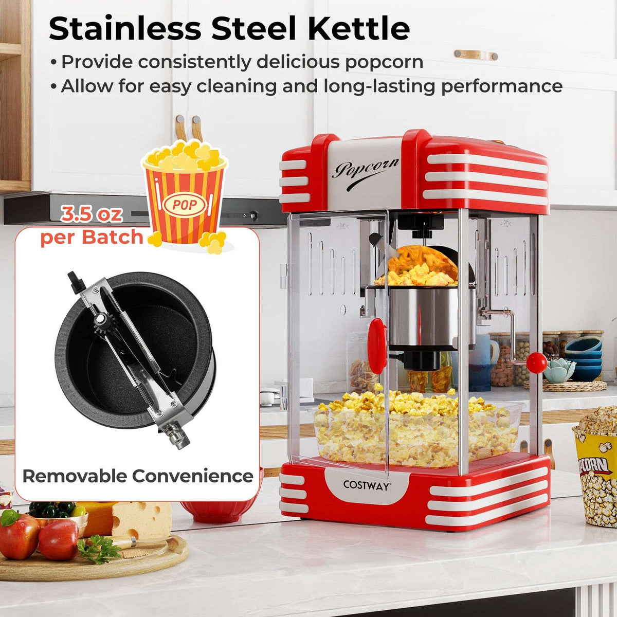 Red popcorn maker with removable stainless steel kettle and clear cabinet