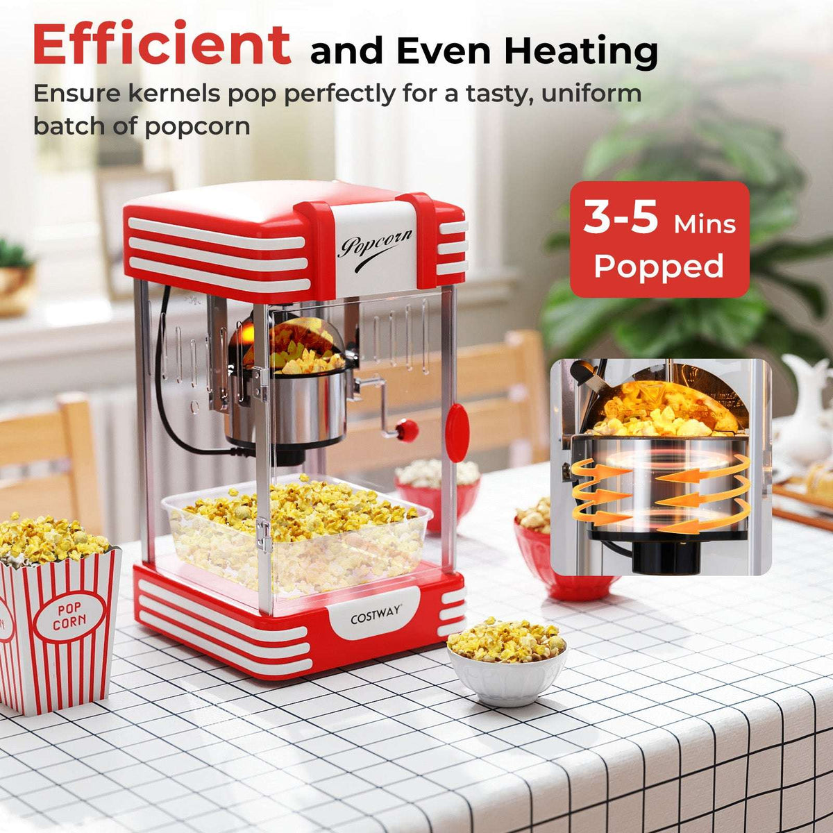 Red theater-style popcorn maker with kettle, clear cabinet, and illuminated controls