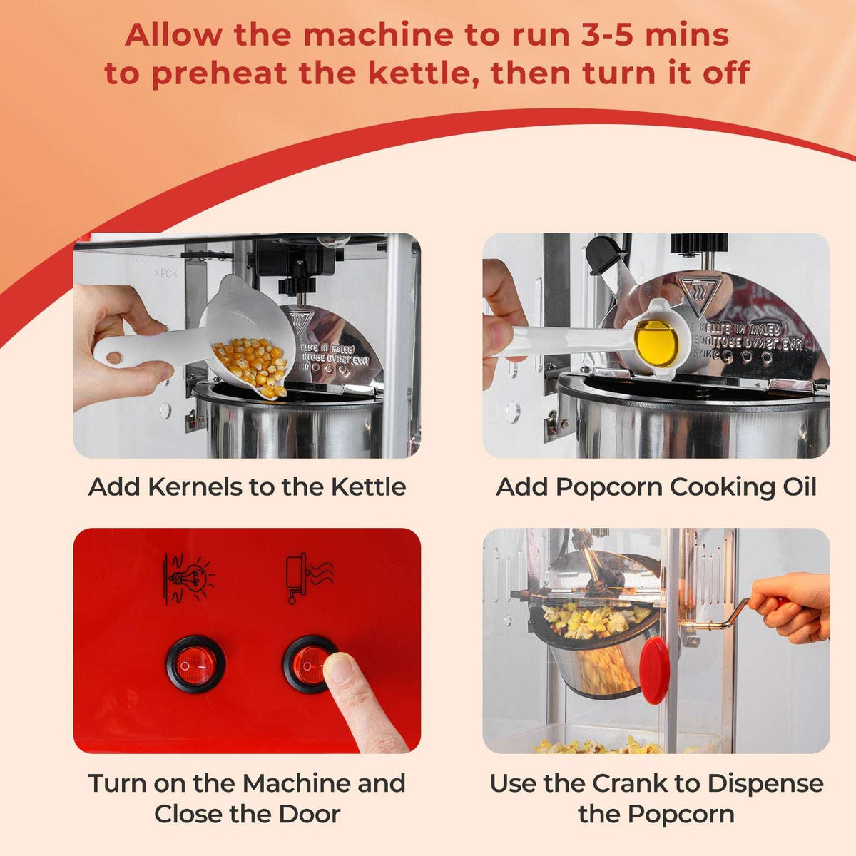 Popcorn maker kettle being filled with kernels and oil, with controls and dispensing crank shown