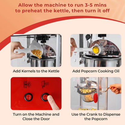 Popcorn maker kettle being filled with kernels and oil, with controls and dispensing crank shown