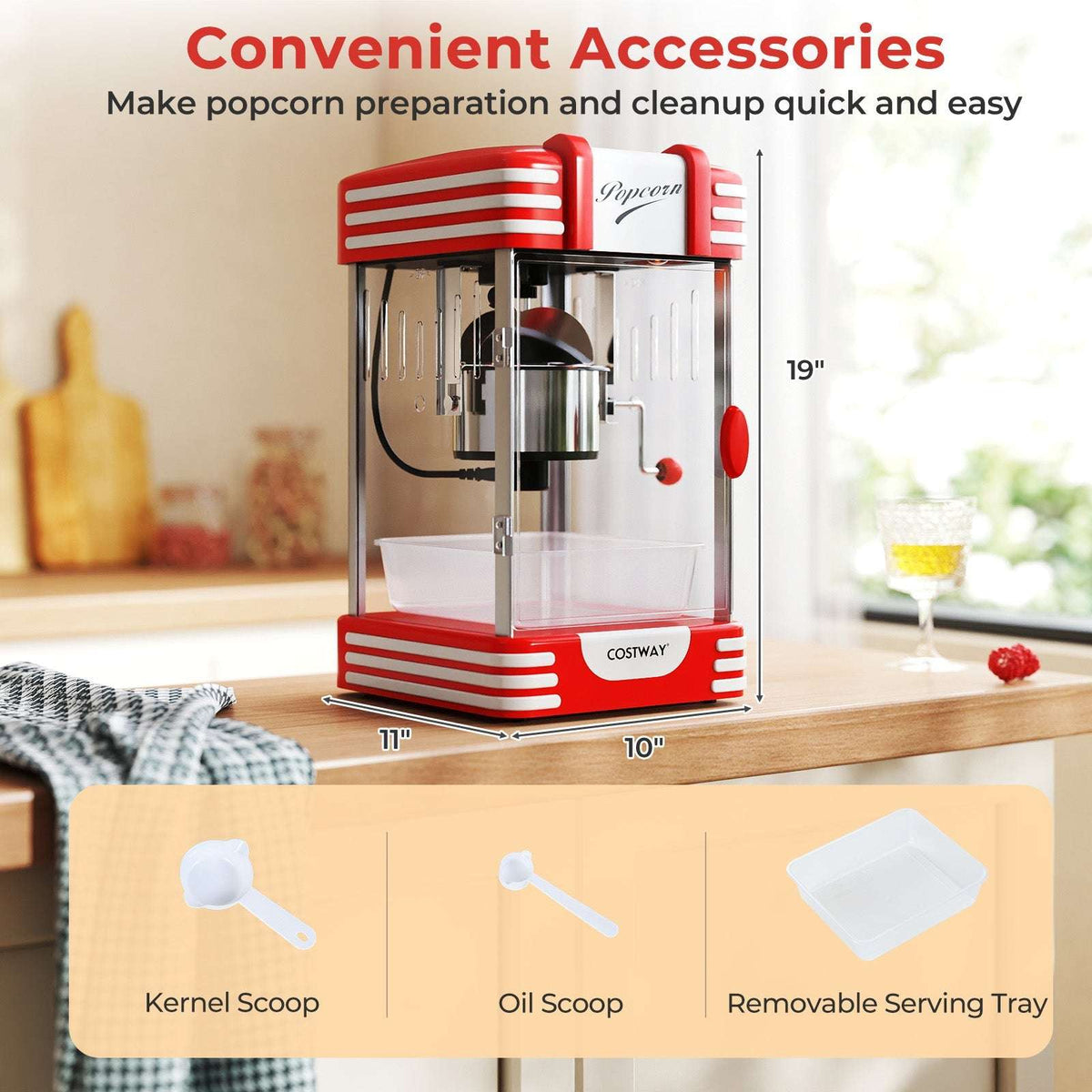 Red countertop popcorn maker shown with kernel scoop, oil scoop, and removable serving tray