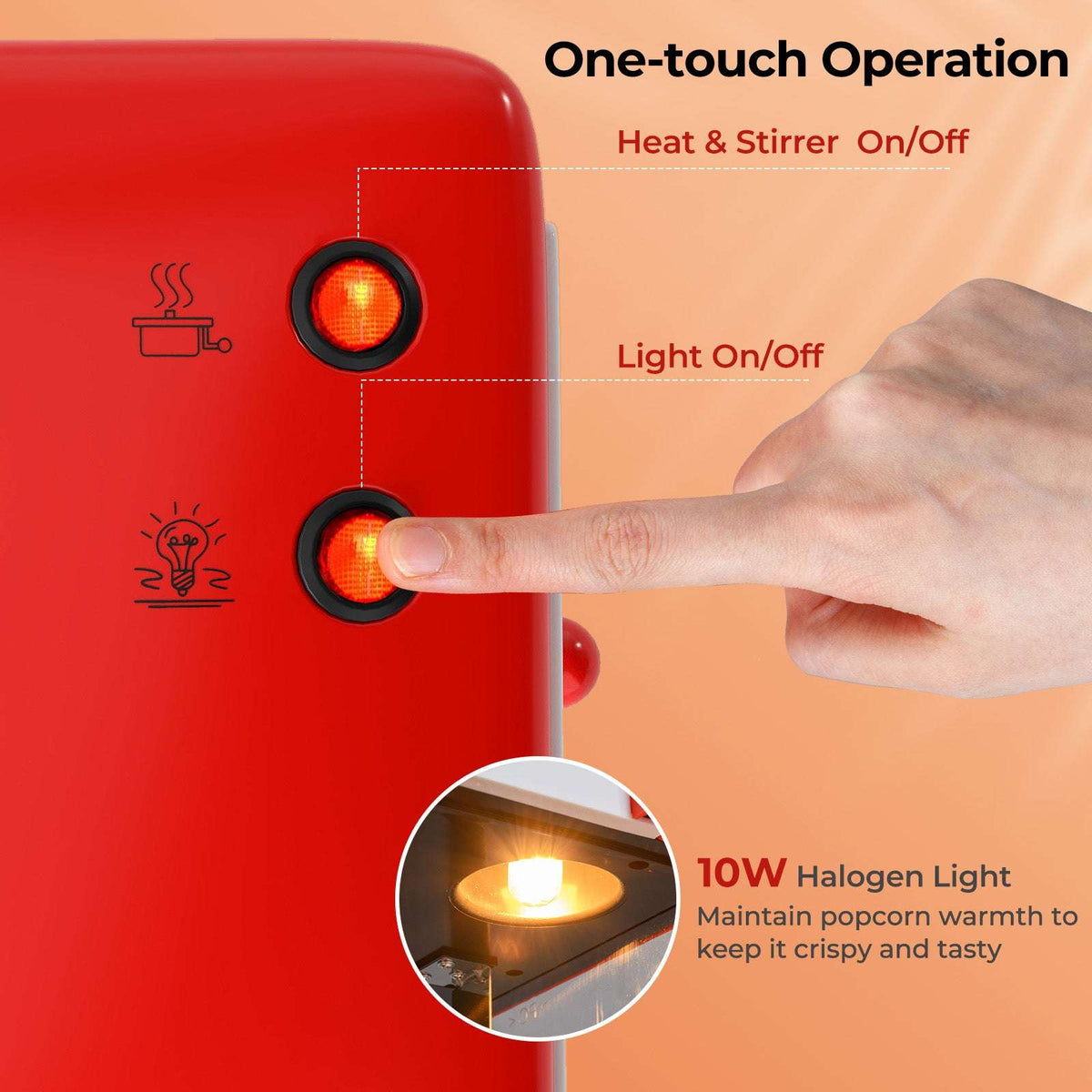 Close-up of red popcorn maker with illuminated heat and light buttons