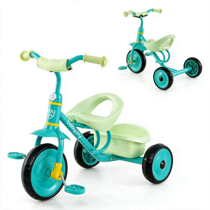 Green toddler tricycle with storage basket and training-style handgrips