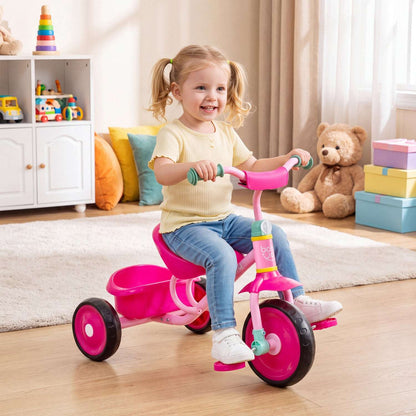Pink toddler tricycle with front storage basket and three-wheeled design