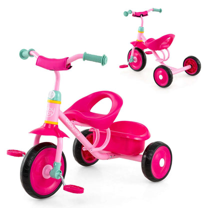 Pink toddler tricycle with storage basket, front view with handlebar grip