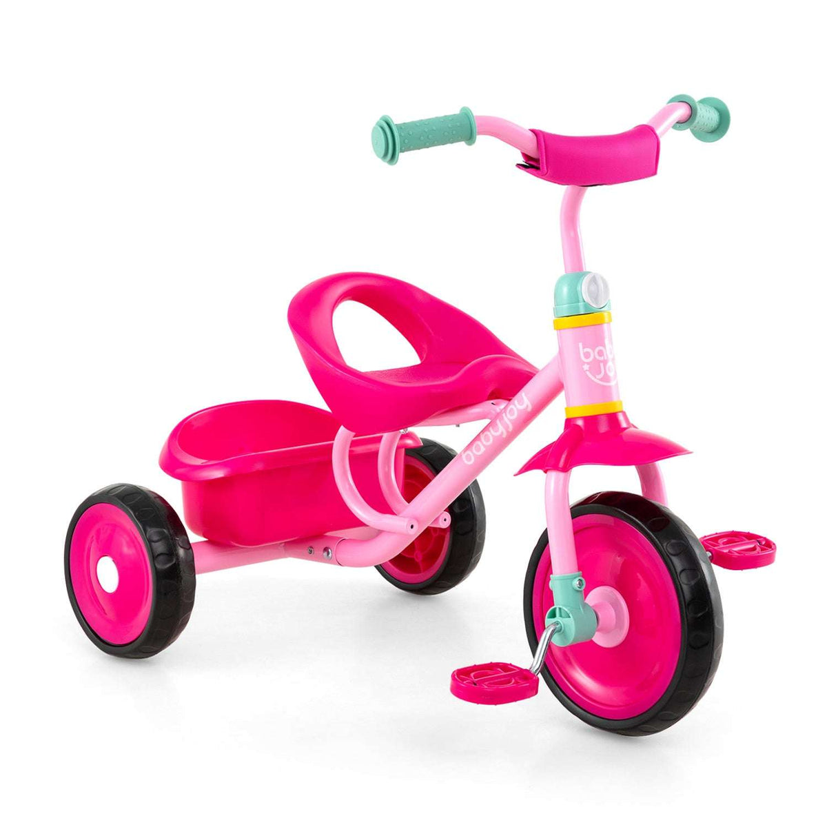 Pink toddler tricycle with storage basket and black wheels, side view