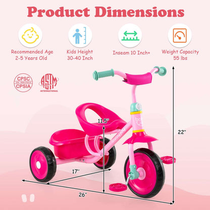 Pink toddler tricycle with storage basket shown with size diagram overlay