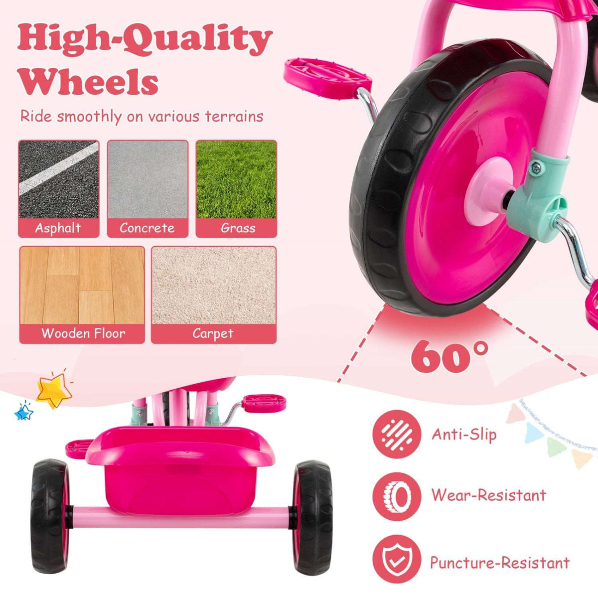 Pink toddler tricycle with storage basket shown with wheel features diagram