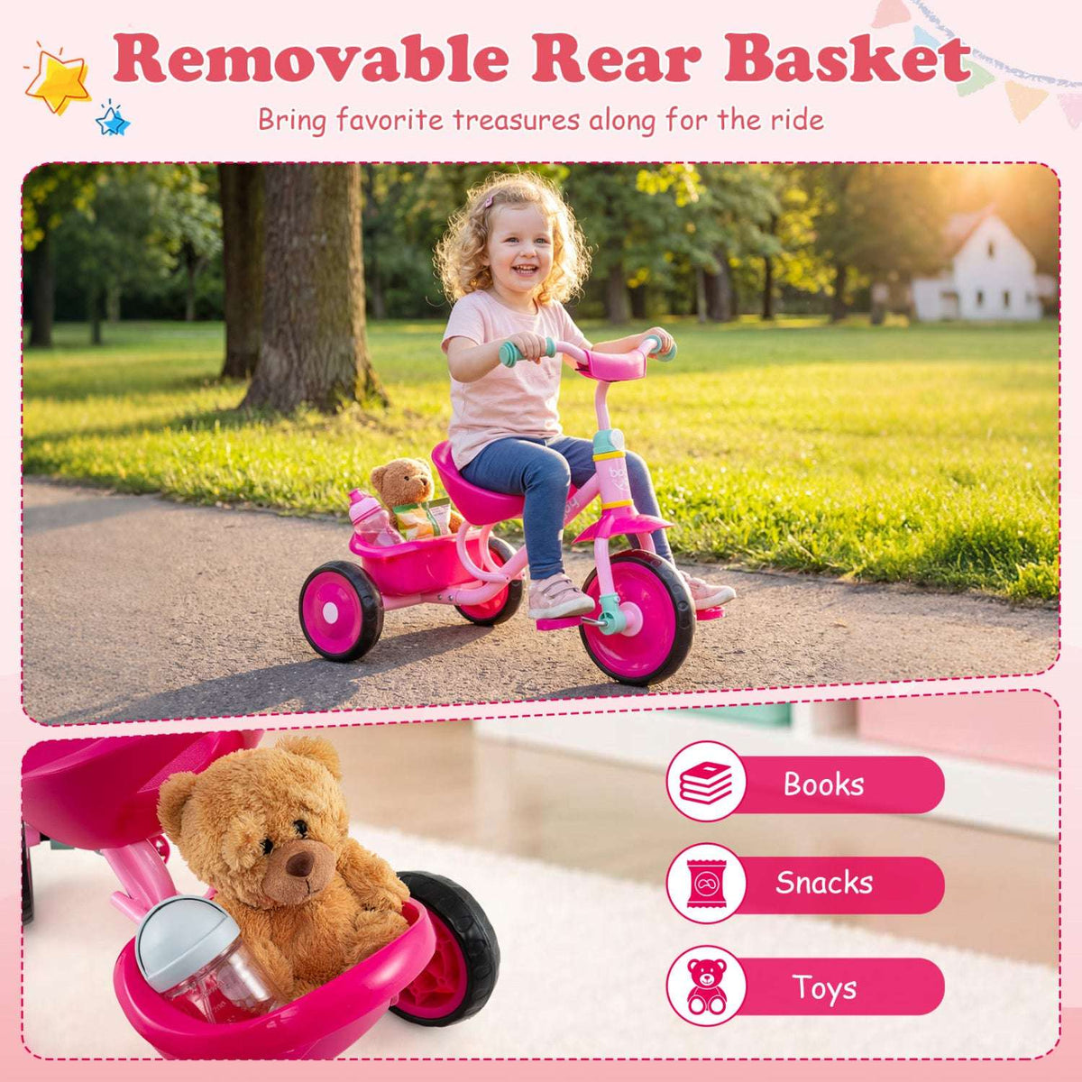 Pink toddler tricycle with removable bear basket and kid storage area
