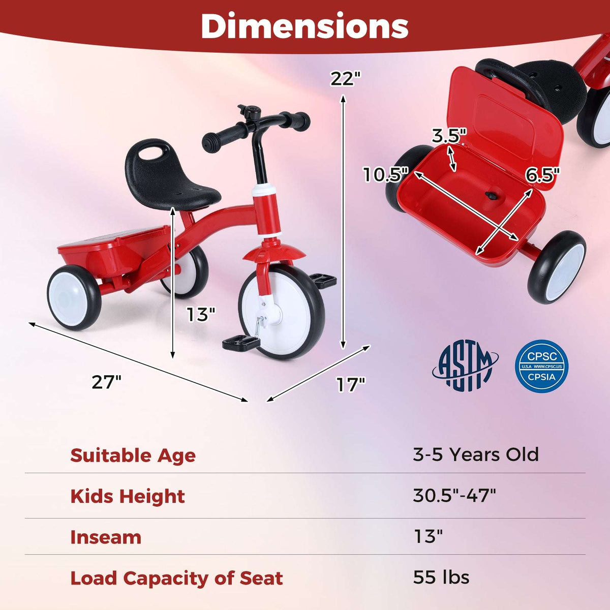 Red toddler tricycle size diagram with seat, wheels, and front tray