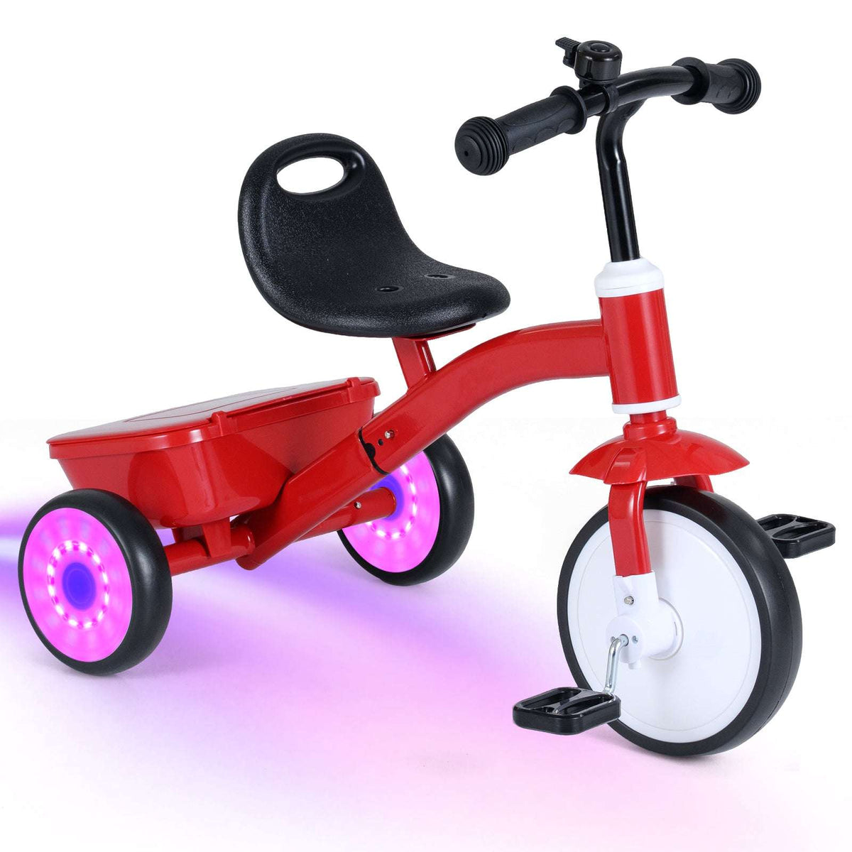 Red toddler tricycle, black seat and handlebars, purple glowing front wheel