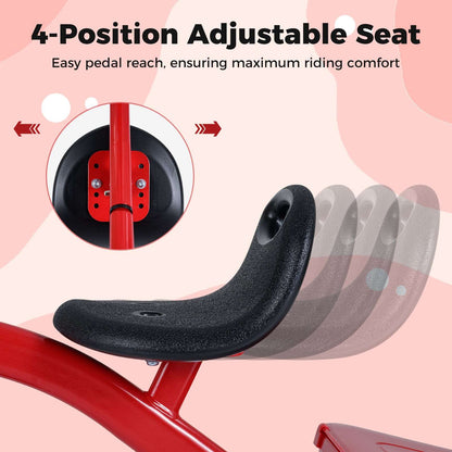 Red toddler tricycle with black 4-position adjustable seat pad