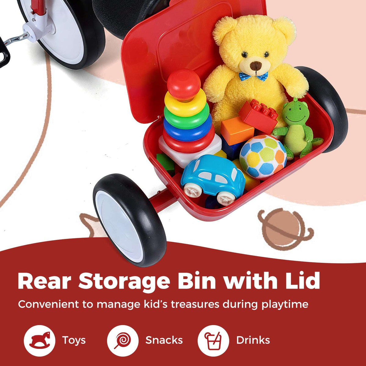 Red toddler tricycle rear storage bin with lid and toys