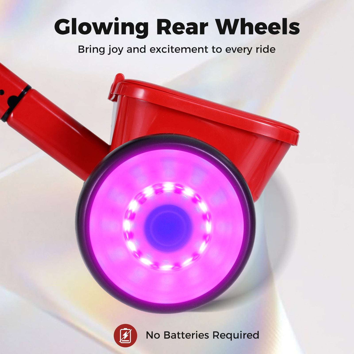 Red toddler tricycle glowing rear wheel with bright purple light