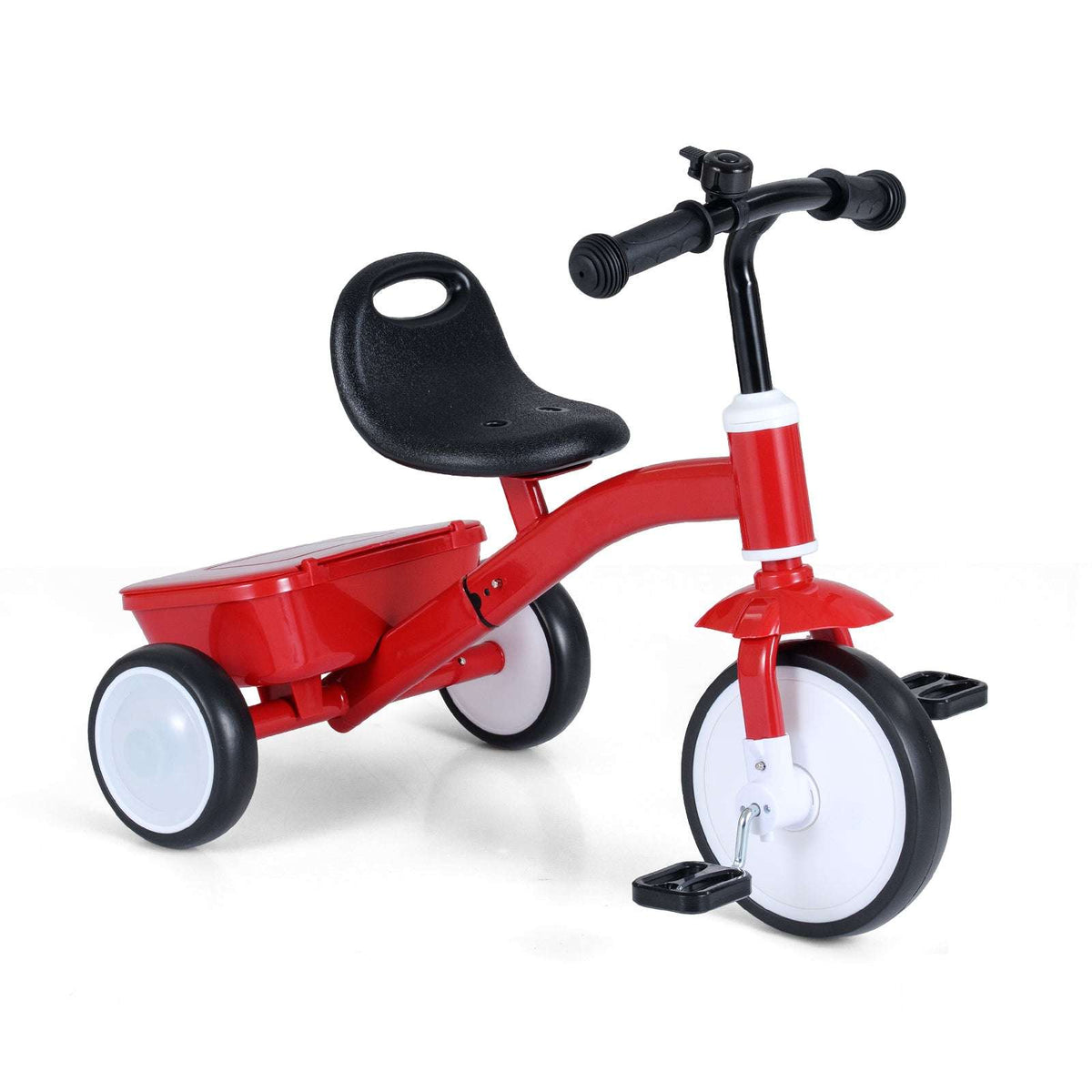 Red toddler tricycle with black seat, white rim wheels, and handlebar view