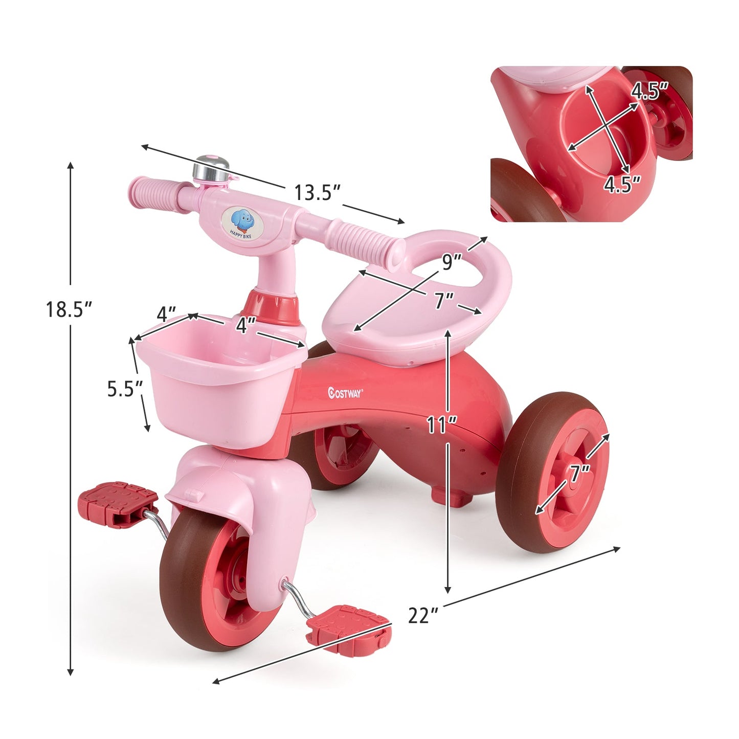 Toddler Tricycle with Front Baskets, Bell & Elephant Design | Ages 3-5
