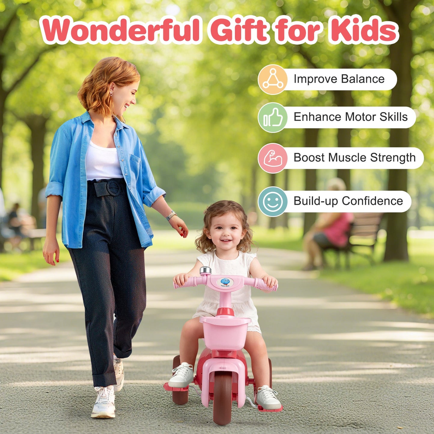 Toddler Tricycle with Front Baskets, Bell & Elephant Design | Ages 3-5