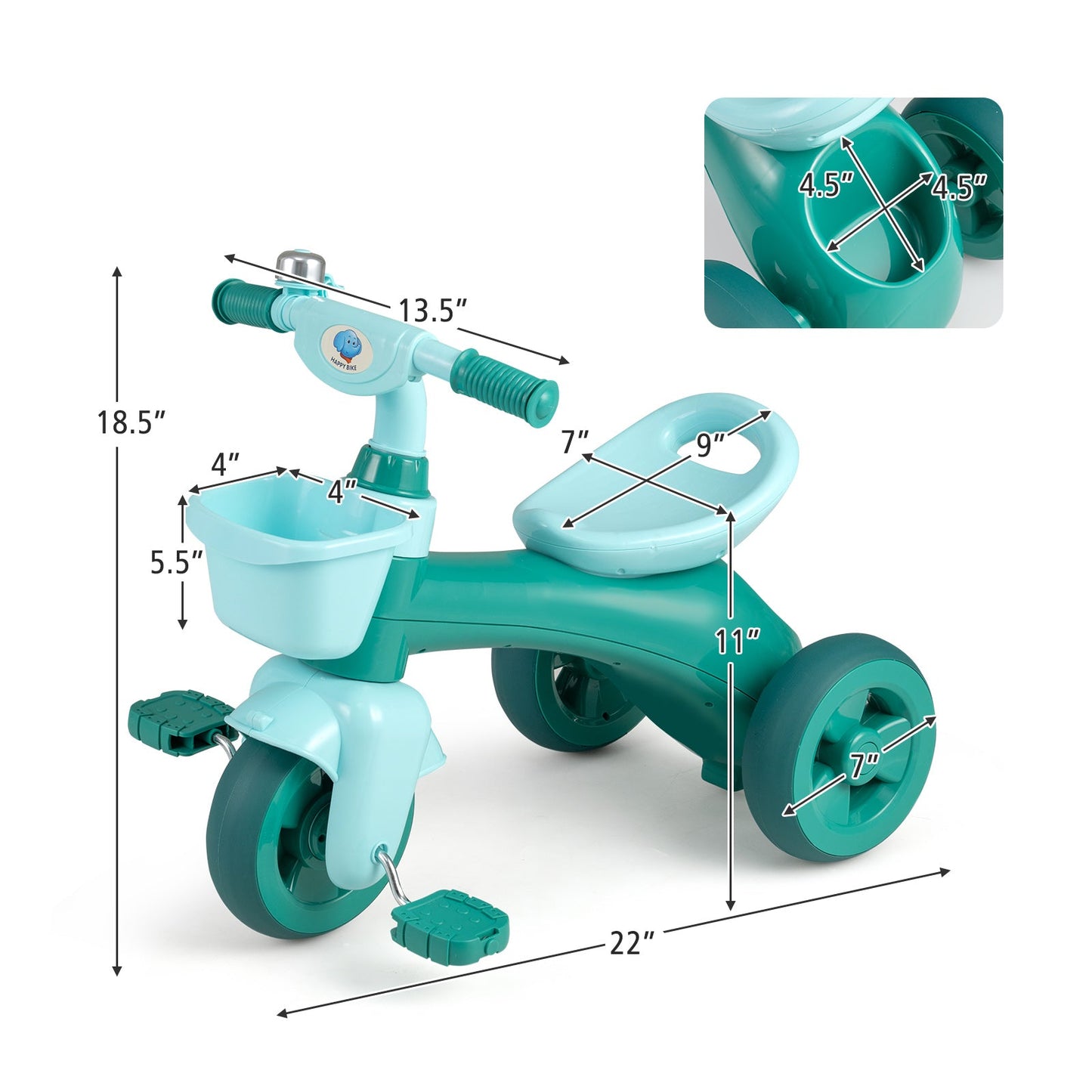 Toddler Tricycle with Front Baskets, Bell & Elephant Design | Ages 3-5