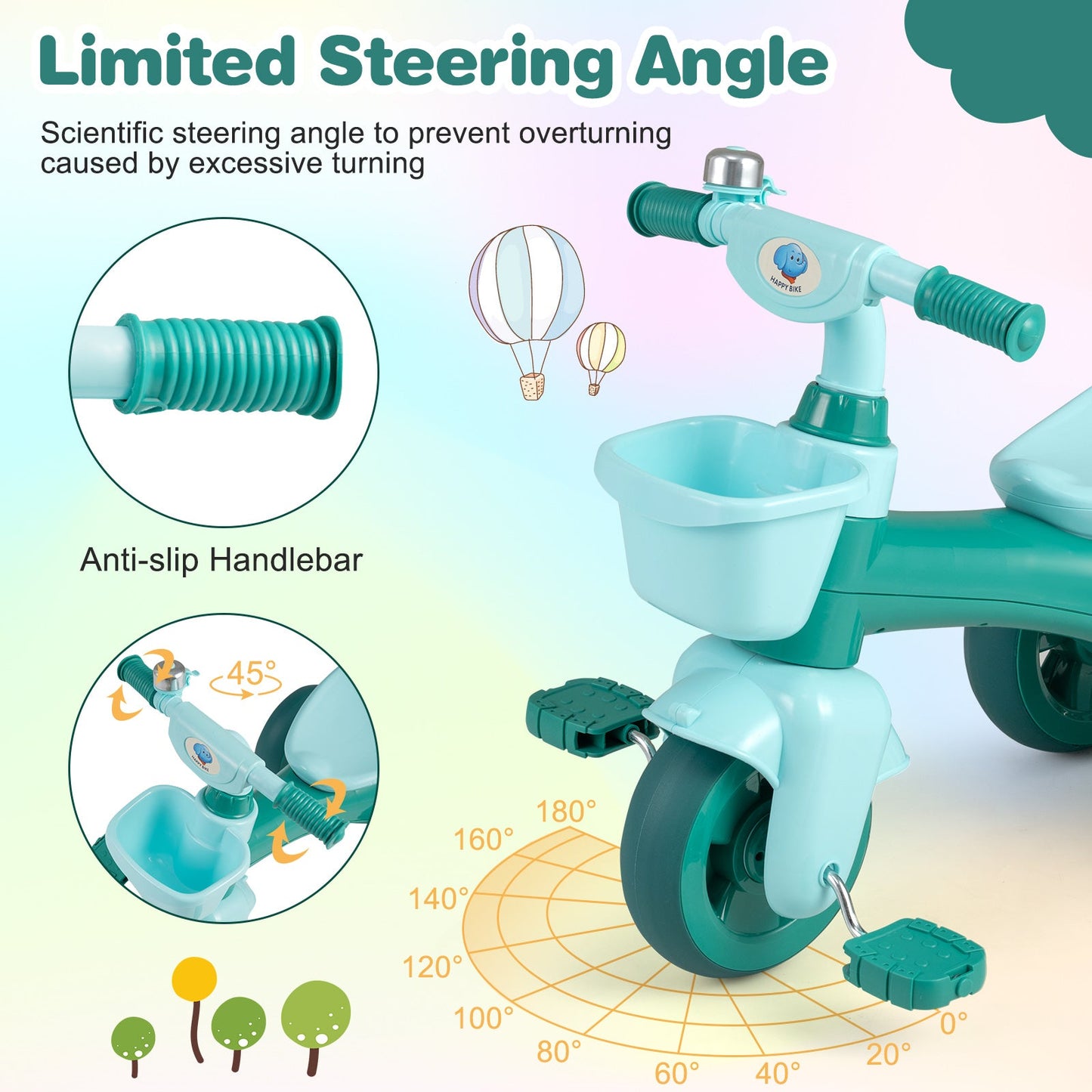 Toddler Tricycle with Front Baskets, Bell & Elephant Design | Ages 3-5