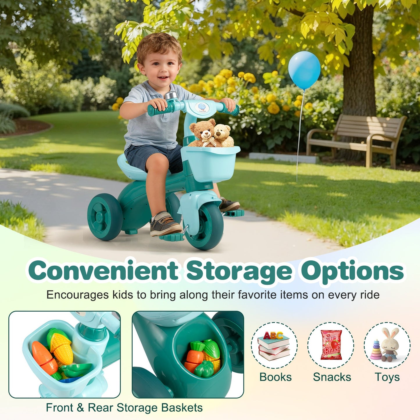 Toddler Tricycle with Front Baskets, Bell & Elephant Design | Ages 3-5