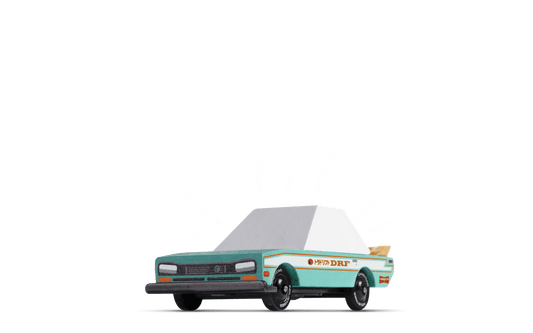 Teal toy car with white top, side decals, and black wheels