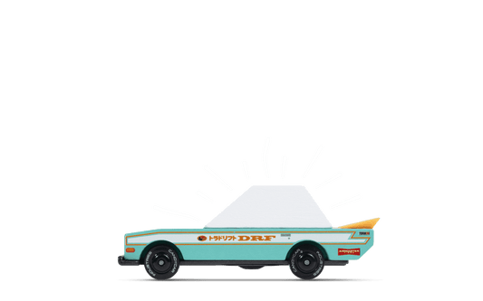 Side view teal diecast toy car with white roof and colorful racing decals