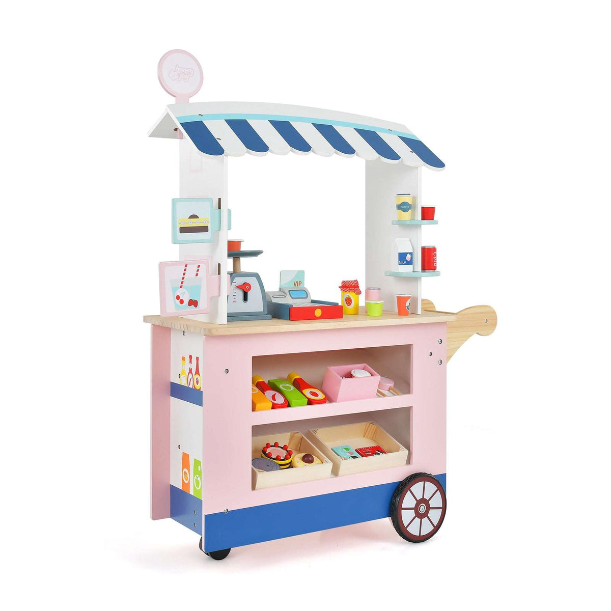 Pink wooden toy market cart with blue and white canopy, play food, scale and POS machine