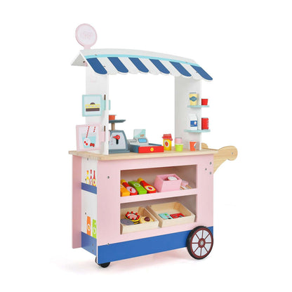 Pink wooden toy market cart with blue and white canopy, play food, scale and POS machine