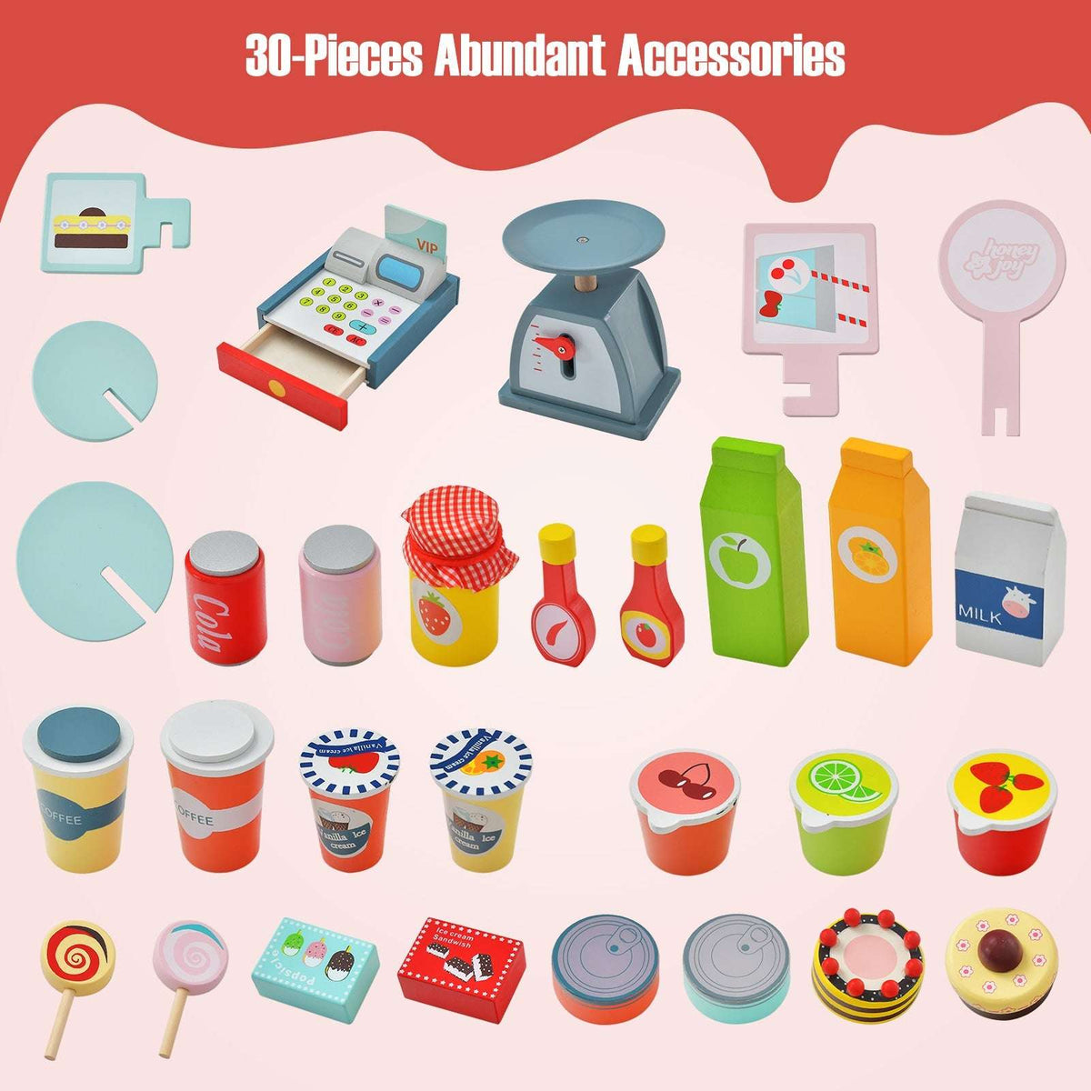 Set of toy market accessories including a cash register, scale, play food, cans and cartons