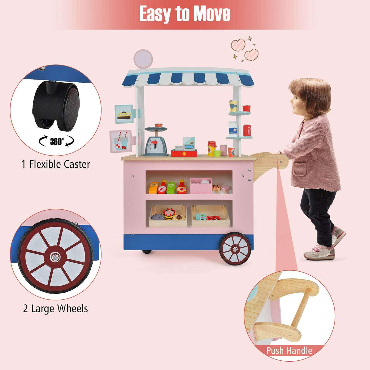 Toy market cart with flexible caster, two large wheels and wooden push handle