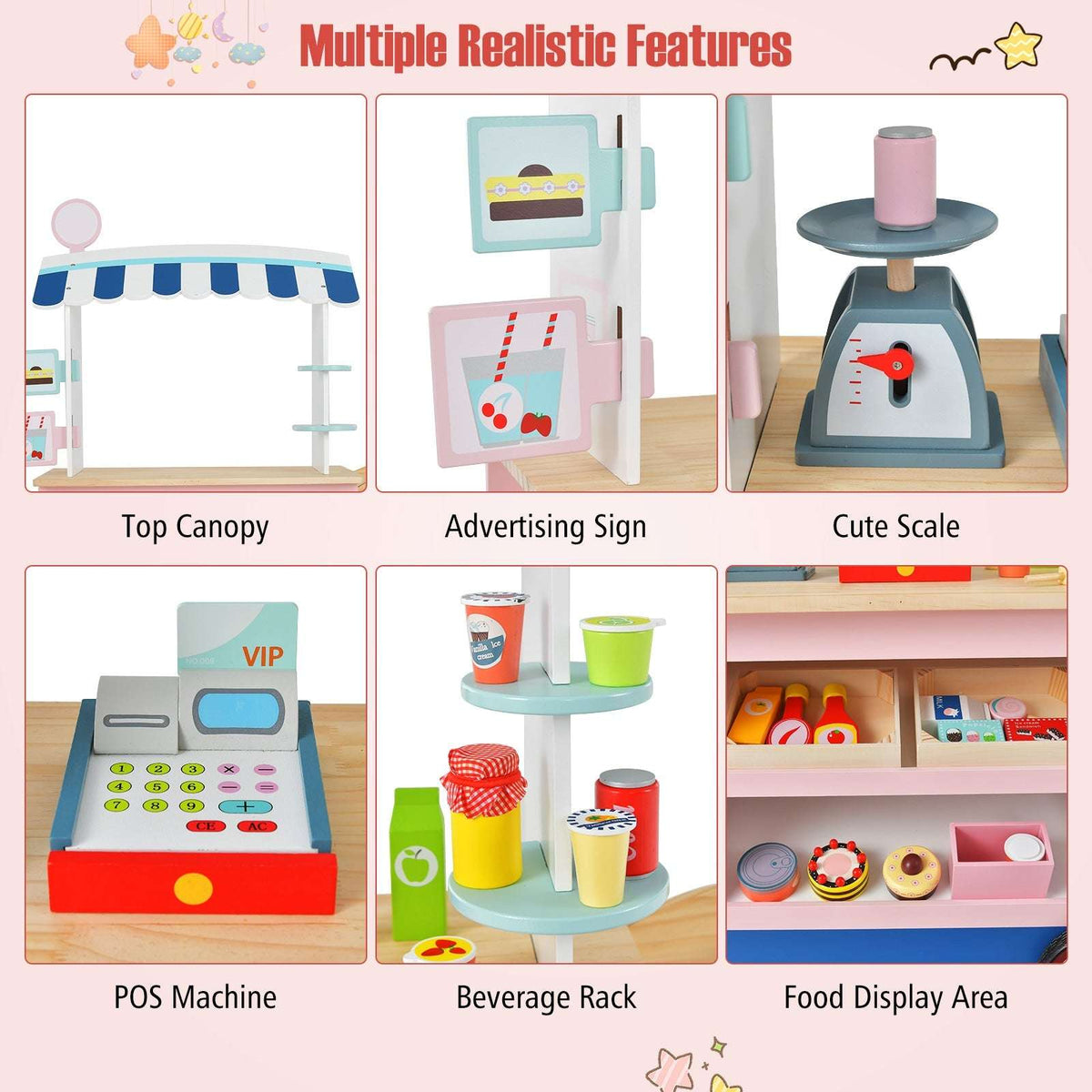 Toy market cart feature details showing canopy, sign, scale, POS machine, beverage rack and food shelves