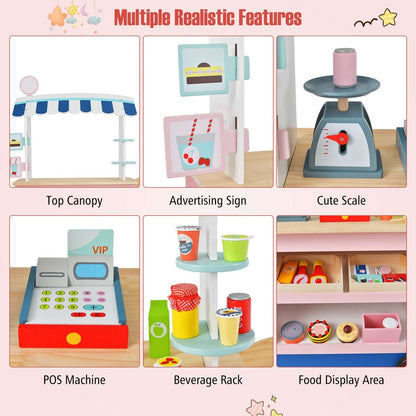 Toy market cart feature details showing canopy, sign, scale, POS machine, beverage rack and food shelves