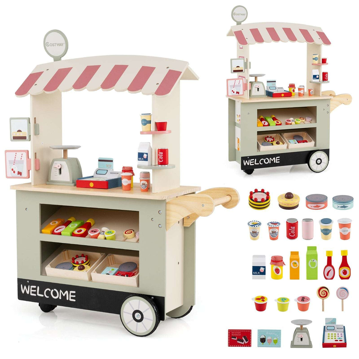 Cream toy market cart with pink canopy and black base, shown with included play food and checkout accessories