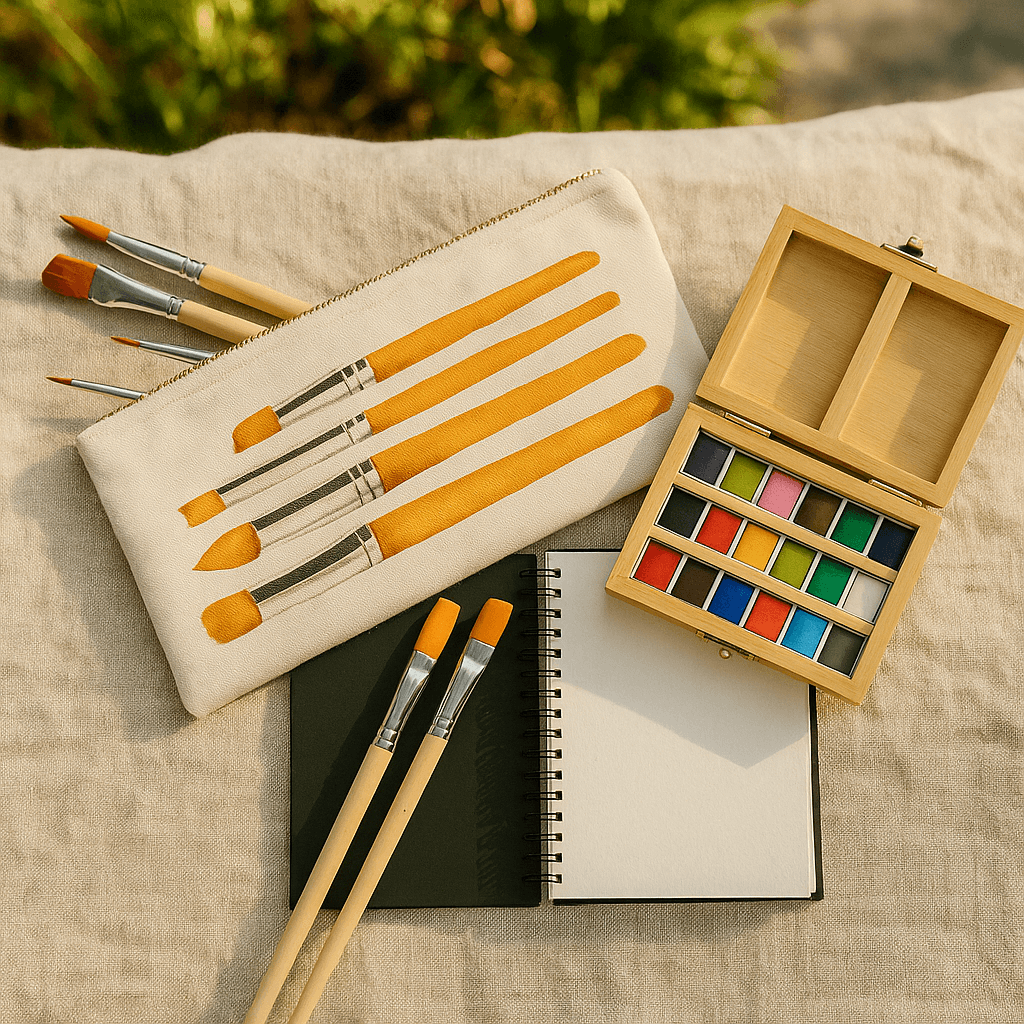 Watercolor Travel Set – Bamboo Case, 8-Piece Brush Set & Cotton Rag Watercolor Pad | Portable Painting Kit