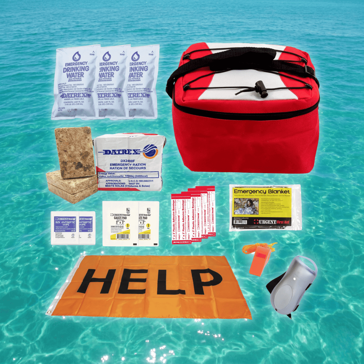 Red emergency kit bag with water sachets, emergency blanket, and orange HELP mat